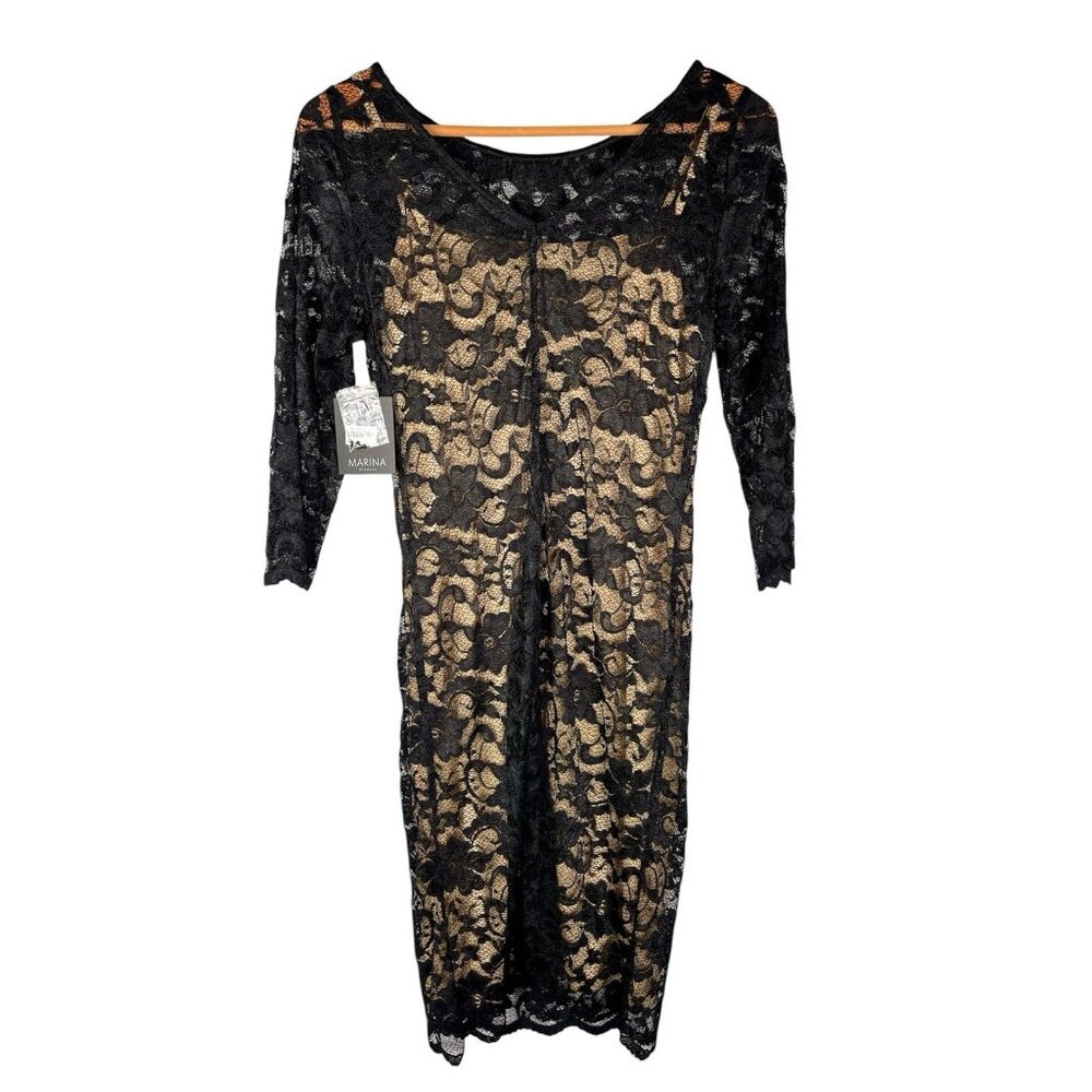 MARINA Women's Black Nude Lace 3/4 Sleeve Beaded Neck Bodycon Cocktail Dress NWT - Picture 5 of 5